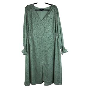 Ellos Plus Size Midi length long sleeve sage green w/black dots print dress